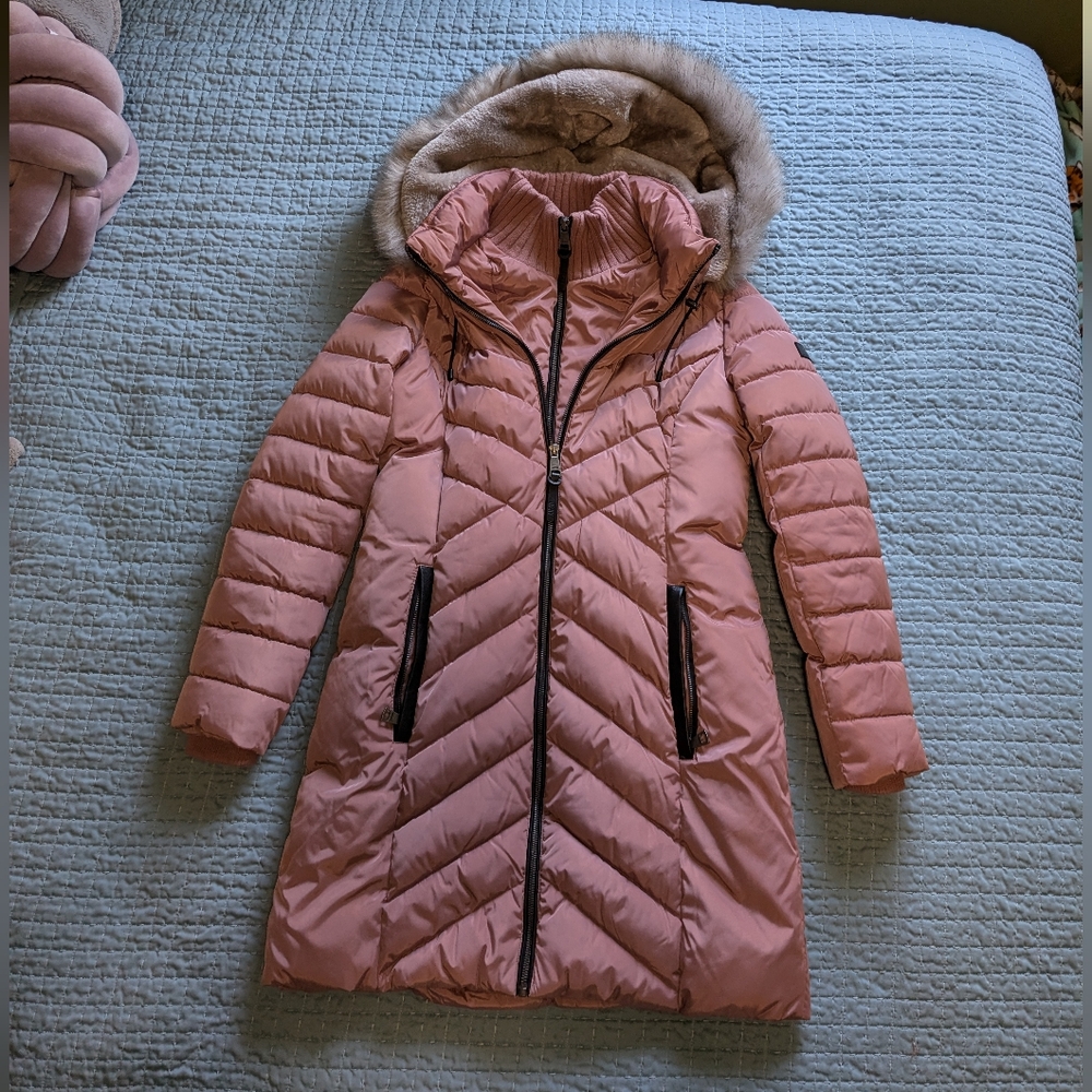 DKNY Long Quilted Puffer Jacket Parka Coat Pink